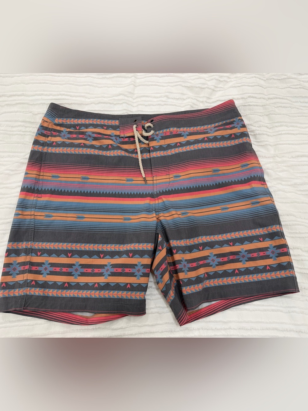 Faherty Dark Gray Tribal Stripe Swim Shorts with Blue and Orange Accents